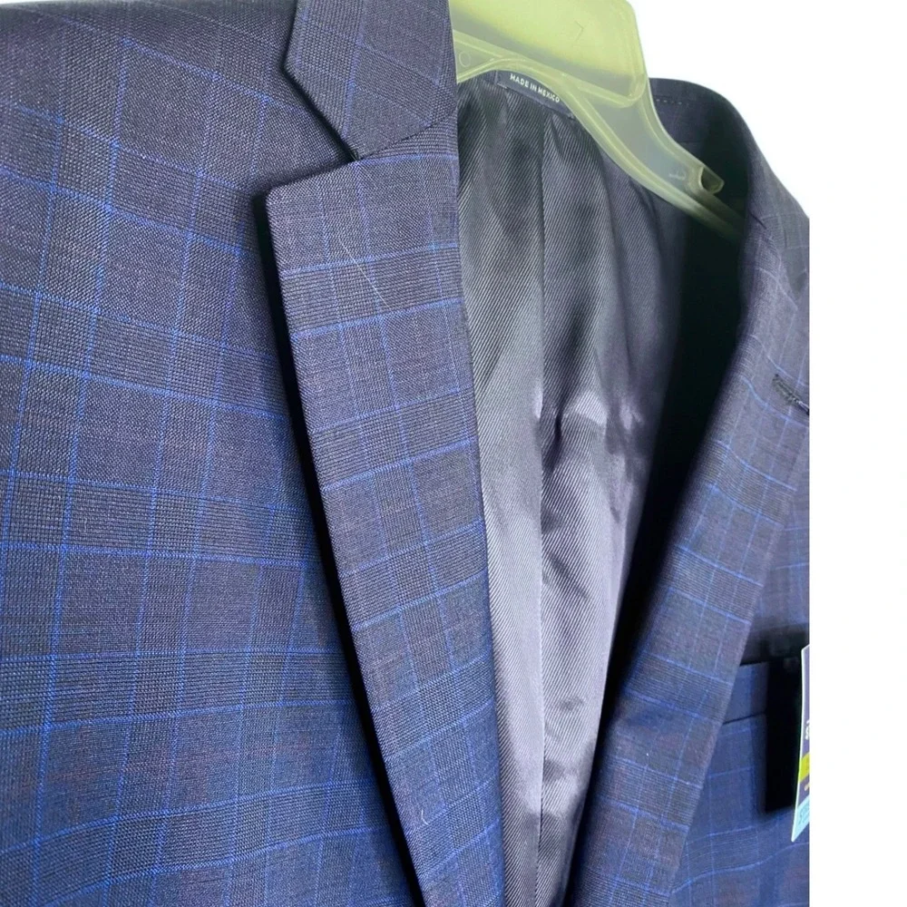 Stafford Men Blue Burgundy Glen Plaid Sport Coat 46 Long Travel Stretch Wool